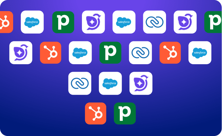 Illustration of CRM software logos, including HubSpot, Salesforce, Pipedrive, Zoho CRM, and Microsoft Dynamics 365, arranged in a funnel shape to represent comparing and narrowing down manufacturing CRM solutions.